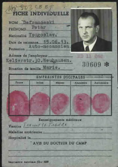 Petar's fiche individuelle, with his photograph