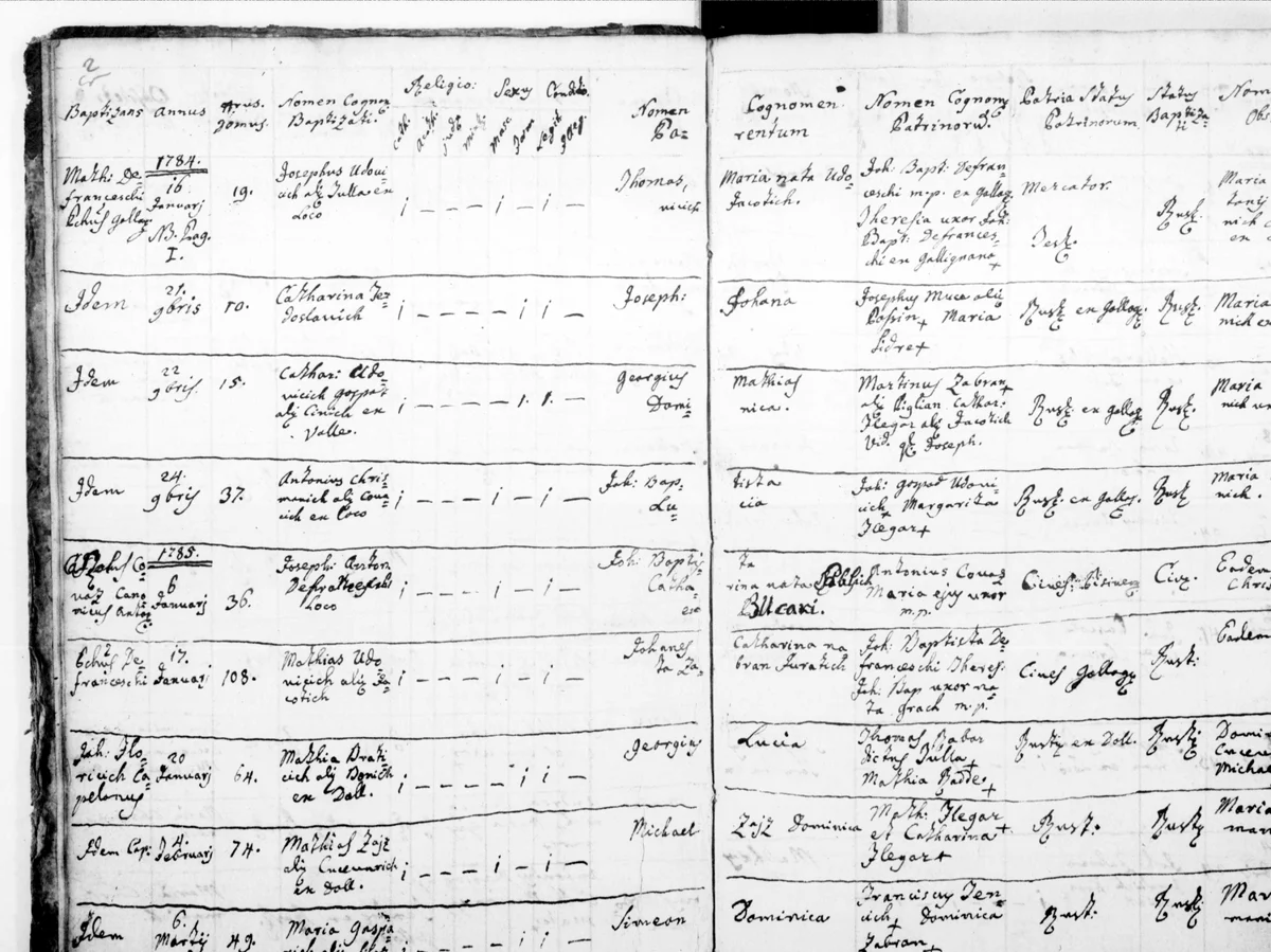 The first page of the baptism book — and a Defranceschi on it, 6 January 1785