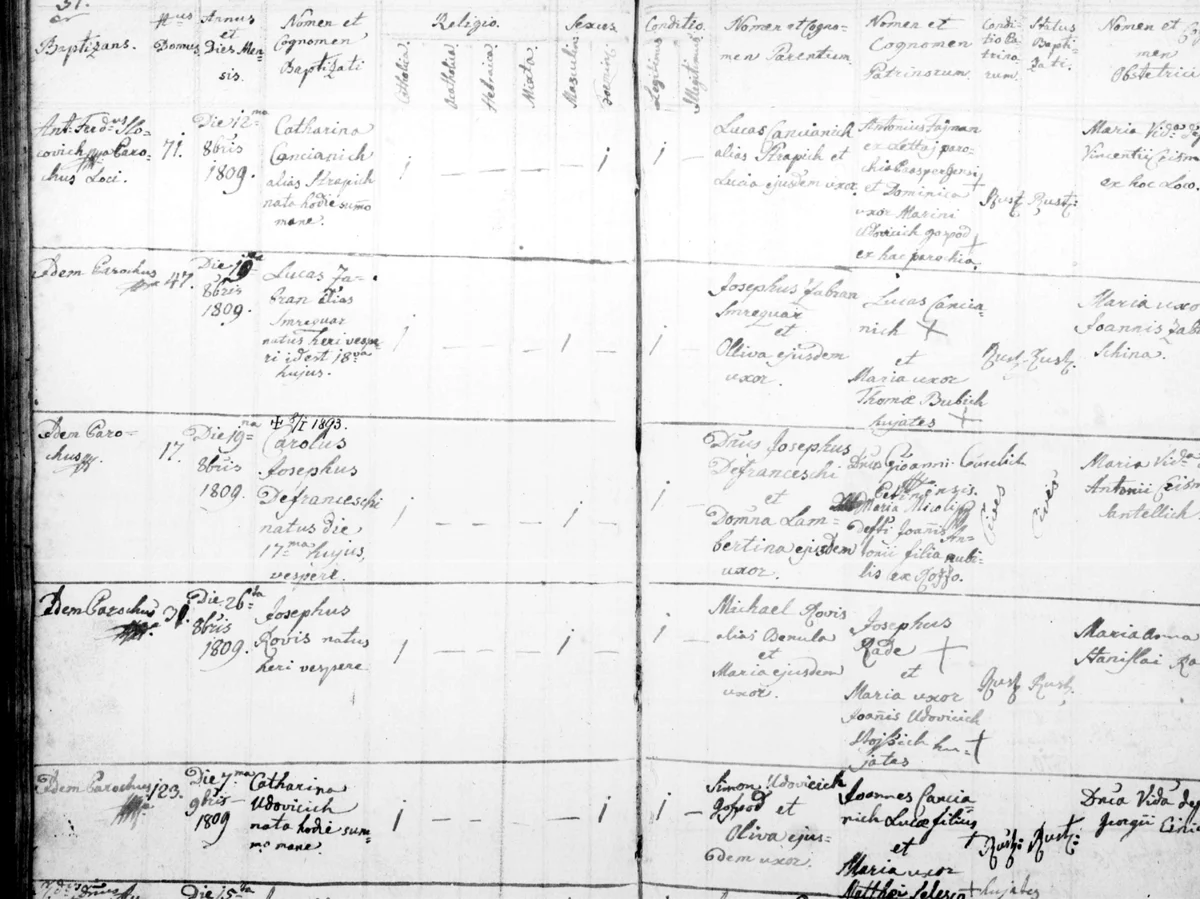 Carlo De Franceschi's baptism, 19 October 1809 — with his death written in the margin