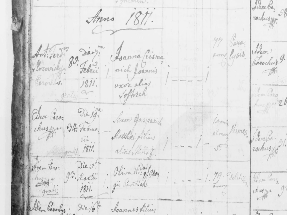 «gratis» — the register says which burials were not paid for
