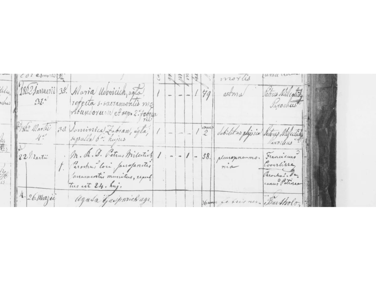 «M. R. D. Petrus Milcetich, Parochus loci» — the entry the baptism book could only imply