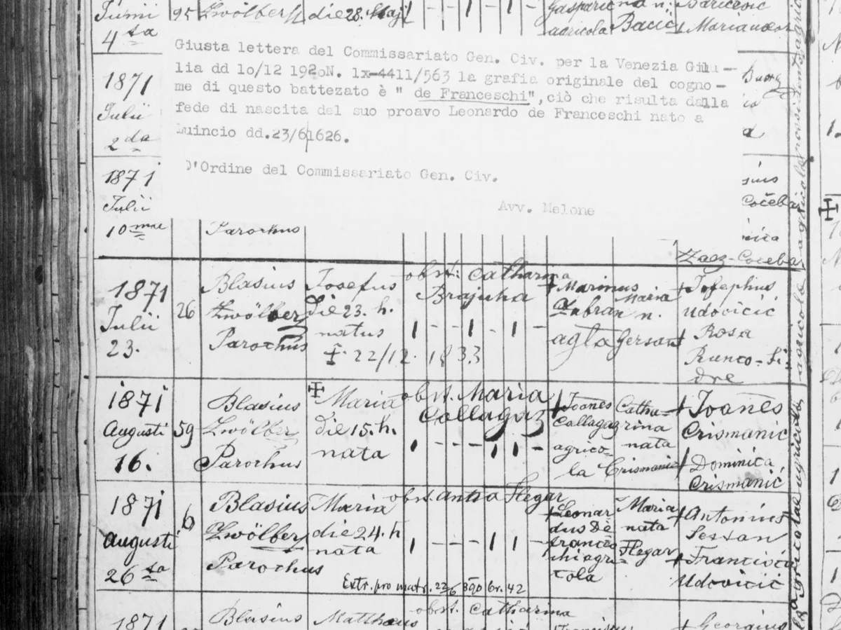 An Italian state office rules on the surname in 1920, and cites a birth certificate of 1626