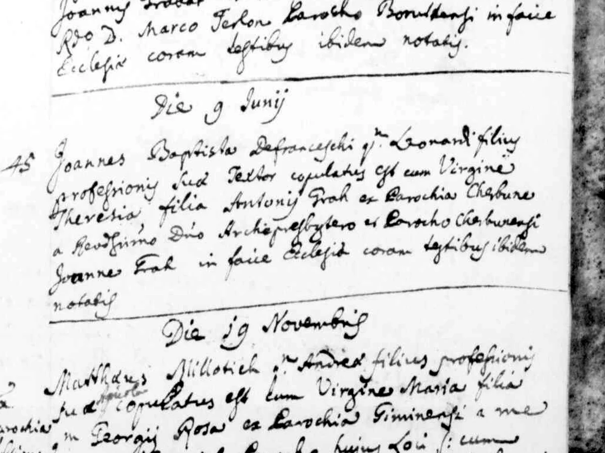 «Die 9 Junij» 1774 — the casa 31 marriage, and the archpriest of Krbune signs it