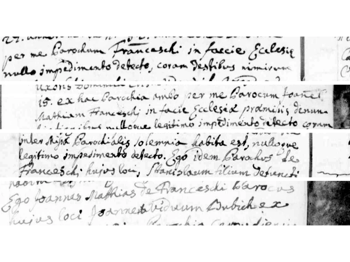 The Defranceschi parish priest writing his own name, four times, 1782–1788