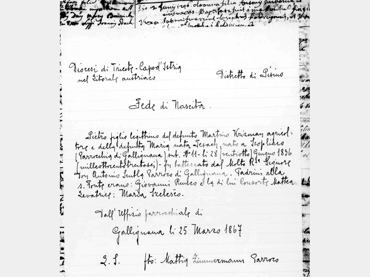 «Fede di Nascita» — and a letterhead that names the diocese