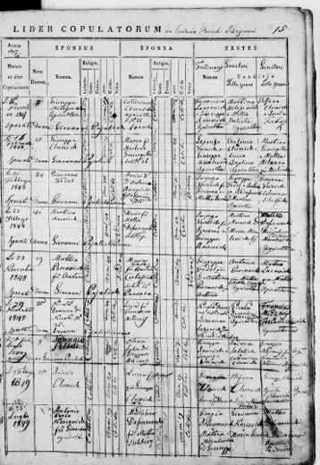 Page 15 of the Ližnjan marriages — two daughters of Matteo Defranceschi of house 17 marry, 1848 and 1849