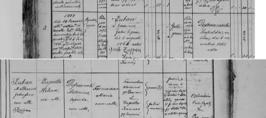Leopolda Defranceschi of Gallignana, a servant at Pola, marries Emericus Zuban — her parents «Defranceschi Antonius, lapicida» and «Tornasar Maria» — 14 January 1888