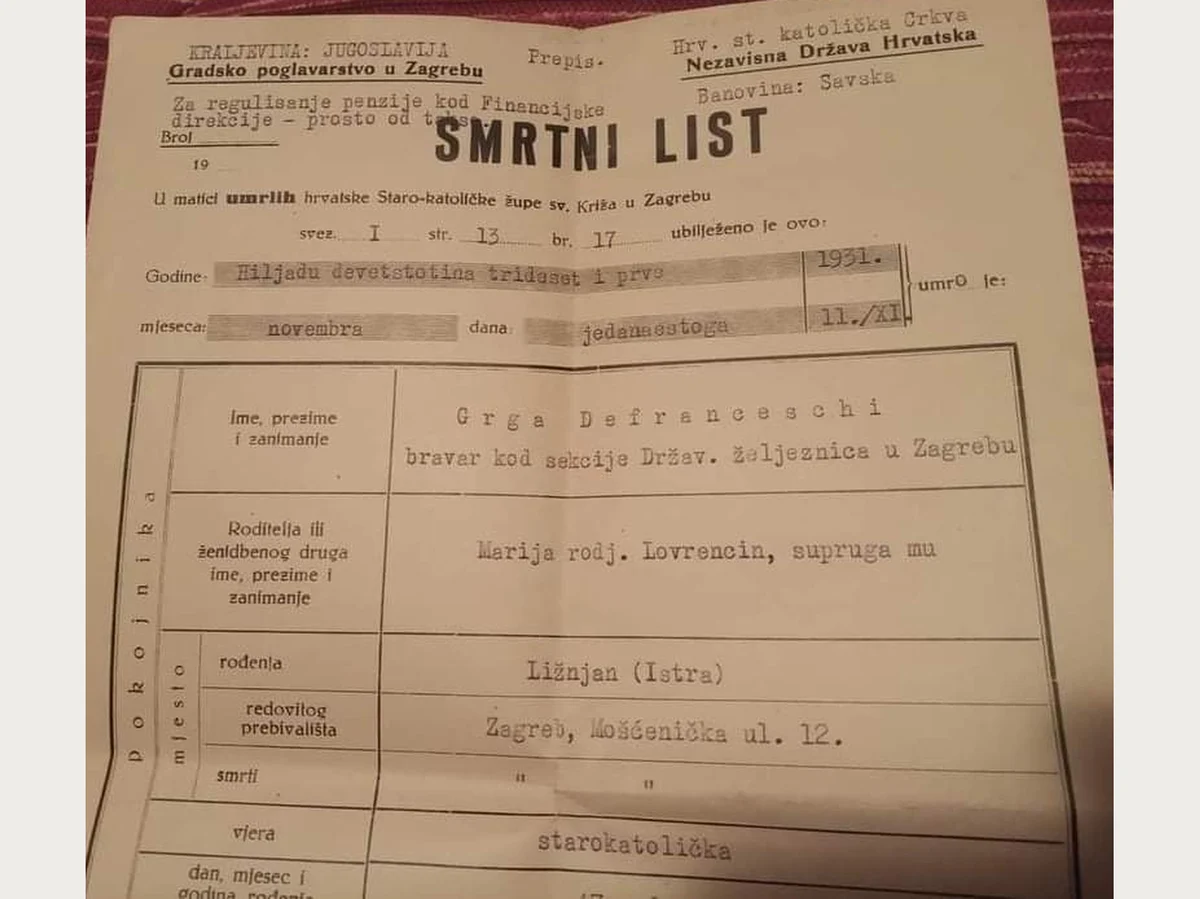 «Smrtni list» — Grga Defranceschi, Zagreb, 11 November 1931